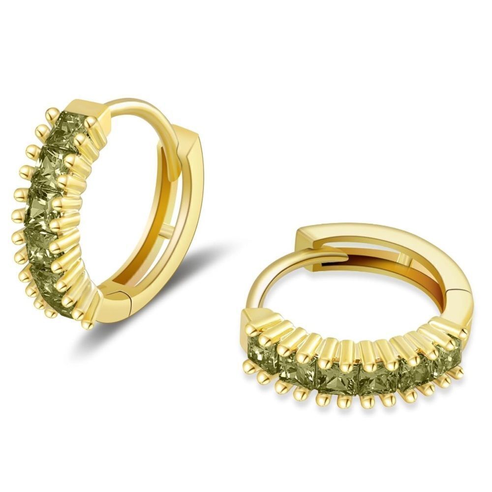 14K Yellow Gold with Peridot Green Cubic Zirconia Princess Cut Huggie Earrings